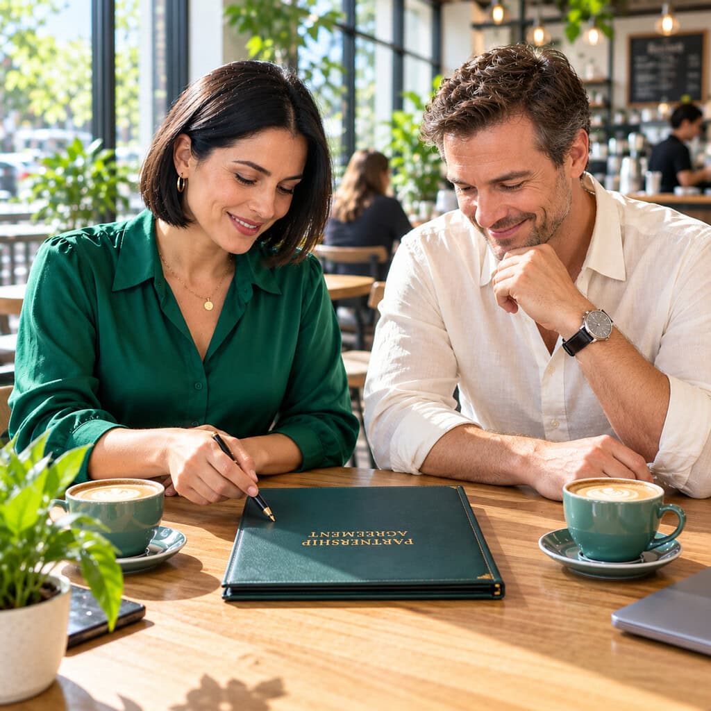 Types of Business Ownership and How They Work 3 Types of business ownership come to life as two partners confirm shared terms over a closed folder in a bright cafe.