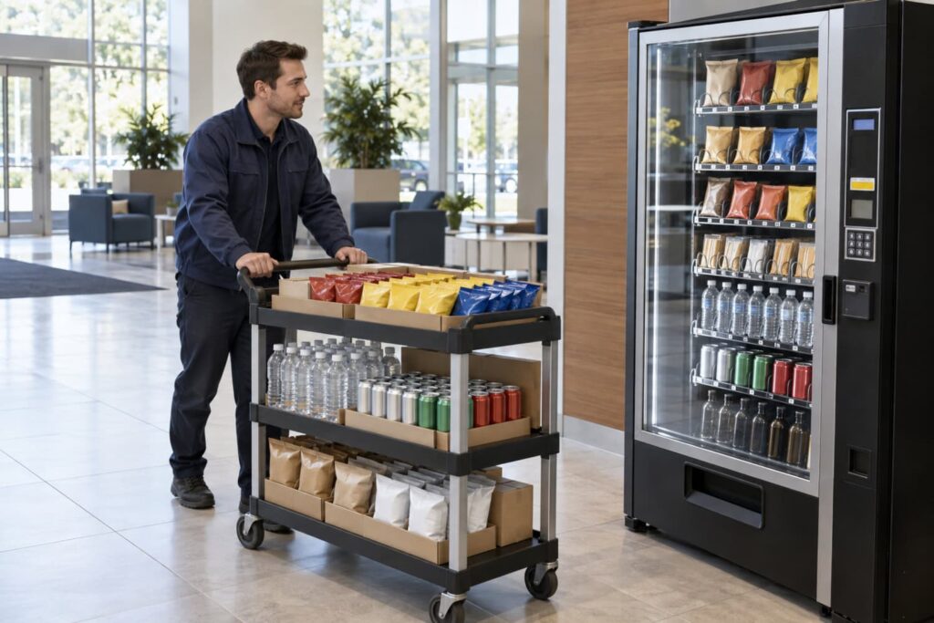 A new operator wheels a restock cart toward a vending machine, showing the practical work behind a vending machine business.