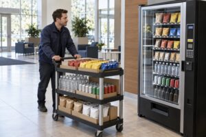 A new operator wheels a restock cart toward a vending machine, showing the practical work behind a vending machine business.