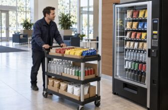 A new operator wheels a restock cart toward a vending machine, showing the practical work behind a vending machine business.