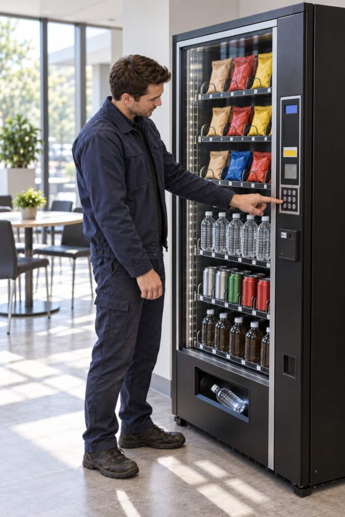 An operator runs a test vend on an installed machine before opening a new vending machine business location.
