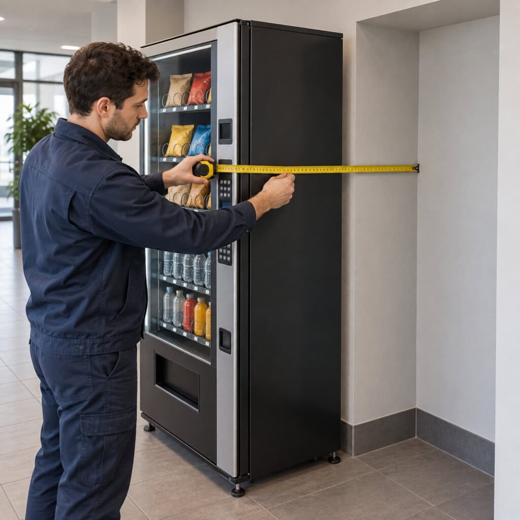 An operator measures a vending machine with a tape measure to confirm site fit before buying for a vending machine business.
