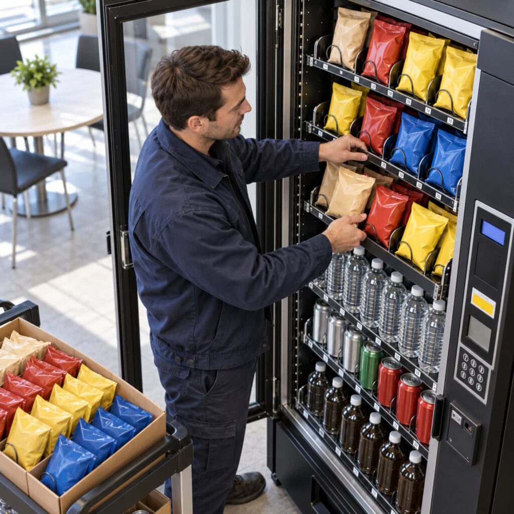 An operator loads plain snack packs into an open machine while testing product mix for a vending machine business.