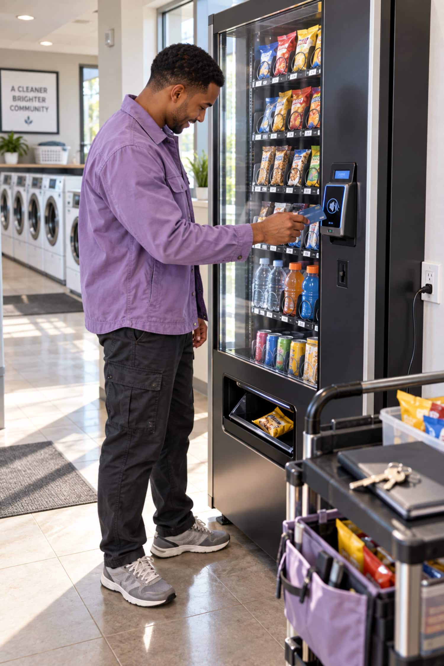 How to Start a Vending Machine Business Without Buying Blind 6 A vending machine business owner tests a card reader and delivery slot before opening in an apartment laundry lobby.