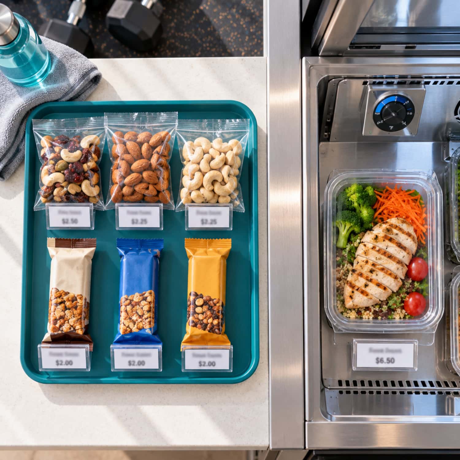 How to Start a Vending Machine Business Without Buying Blind 5 Protein bars, sealed nuts, and one chilled meal arranged for a vending machine business stock test at a gym.