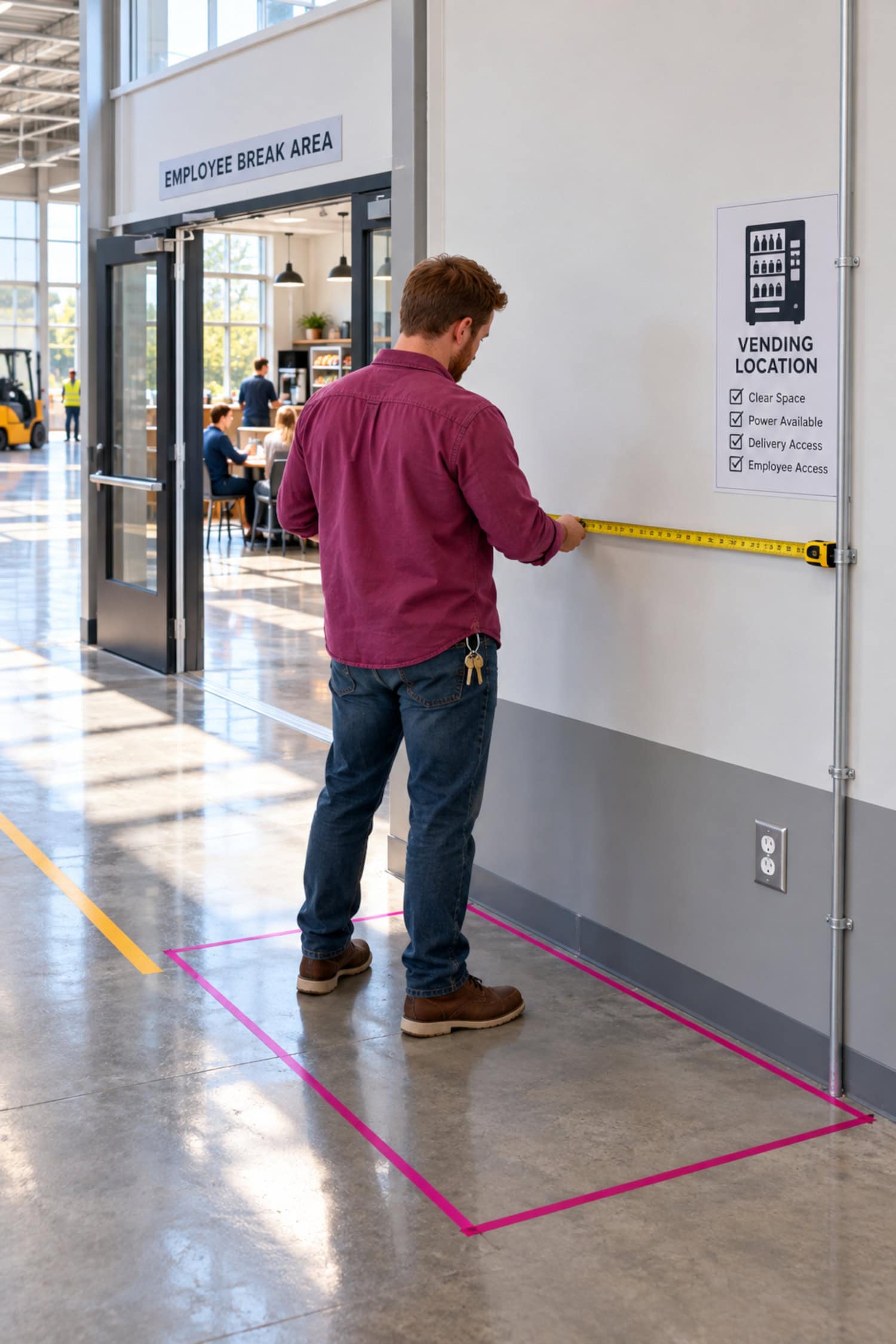 How to Start a Vending Machine Business Without Buying Blind 3 A property manager measures a vending machine business location beside an electrical outlet in a factory corridor.