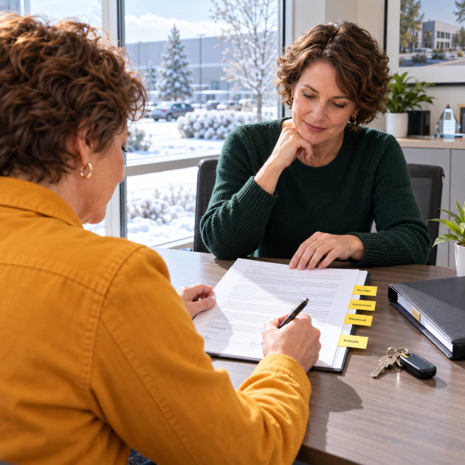 How to Start a Vending Machine Business Without Buying Blind 4 A vending machine business owner reviews a placement agreement with a property manager at an office table.