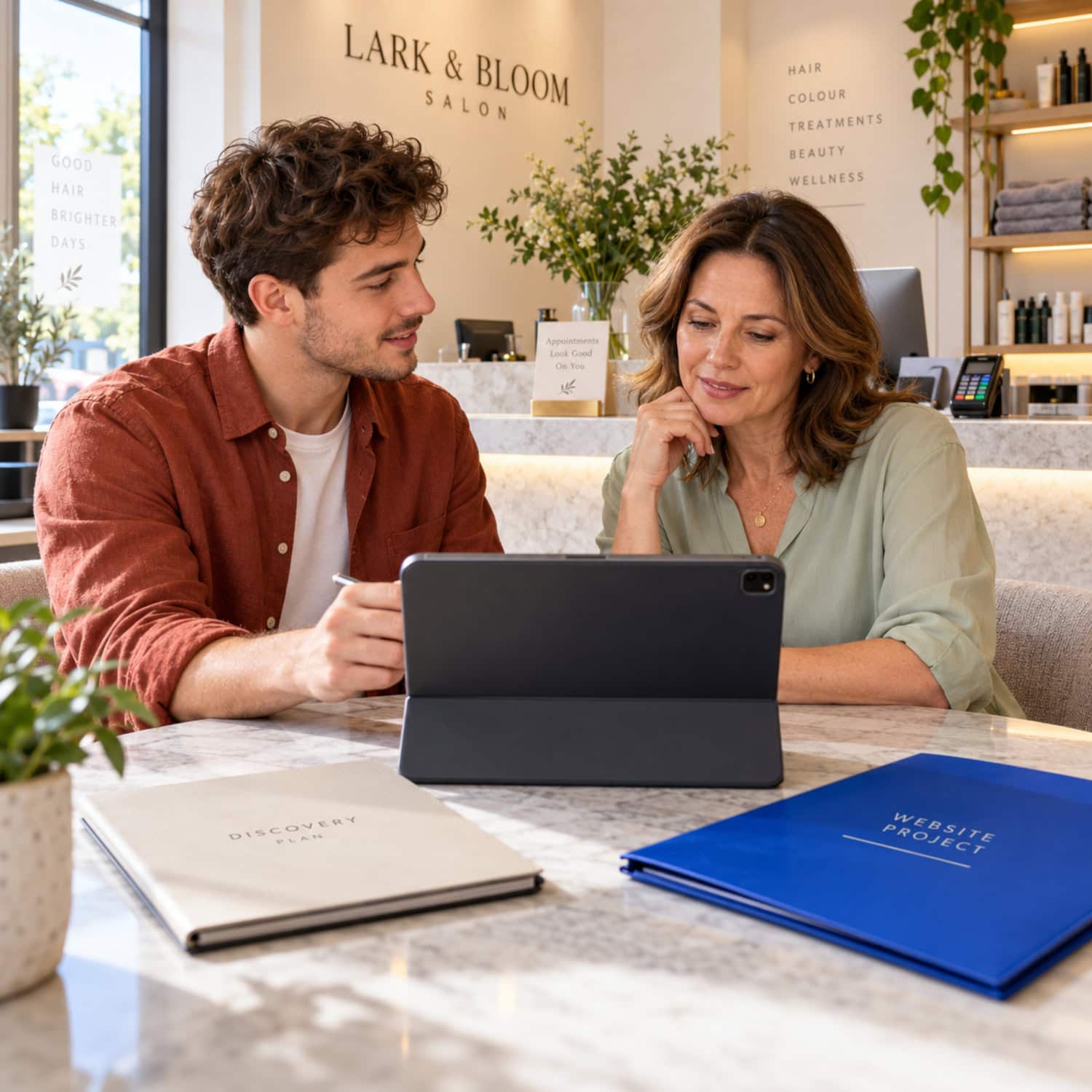 Web design business discovery session scopes a salon booking form with calendar and automated reminder requirements.