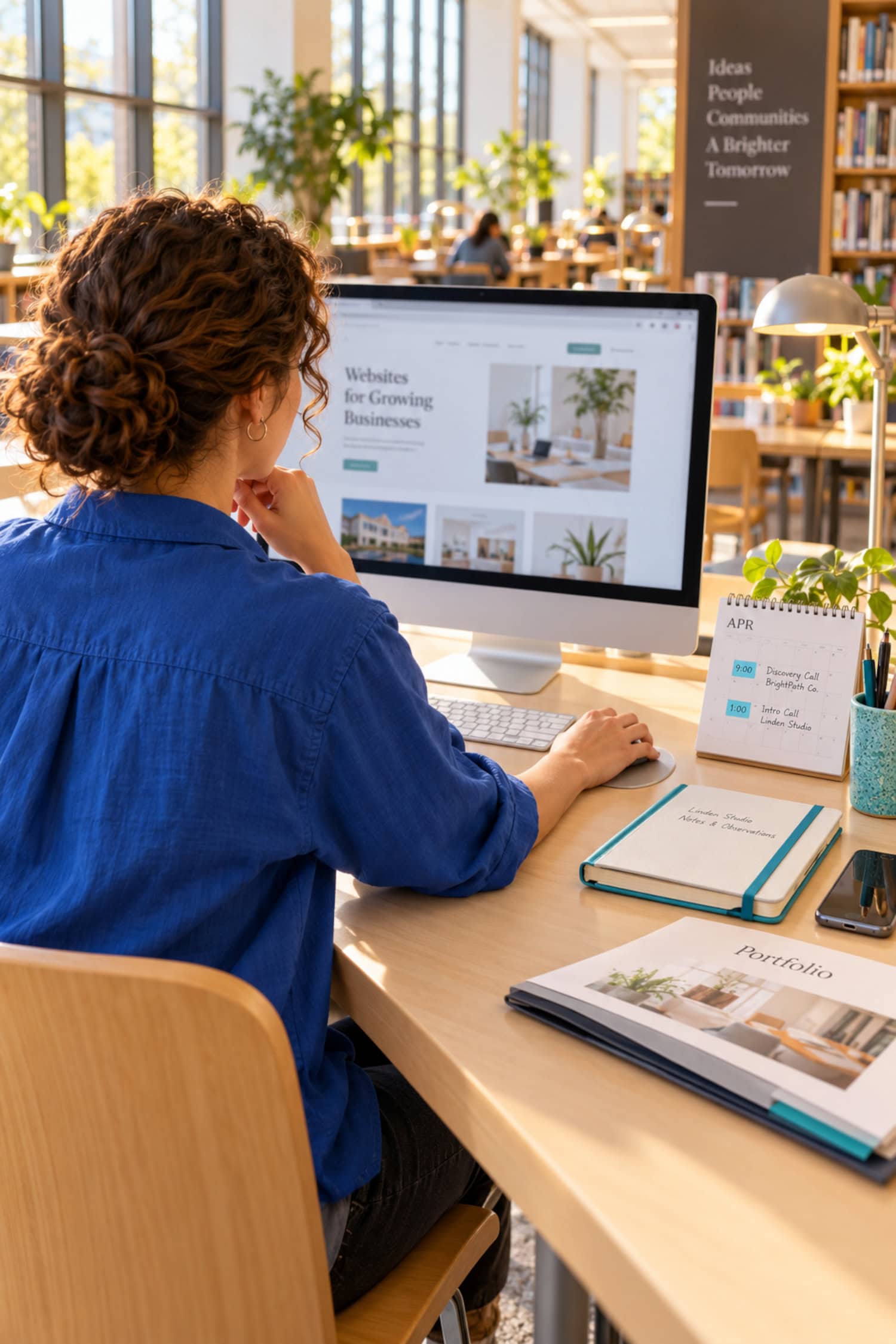 Web design business owner prepares targeted client acquisition at a library desk with case-study proof and call slots.