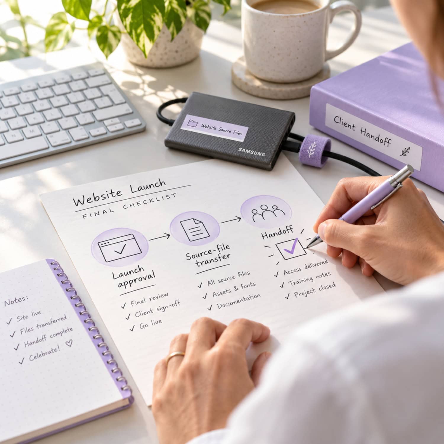 Web design business launch handoff with a final workflow check, source-file drive, and closed handoff folder.
