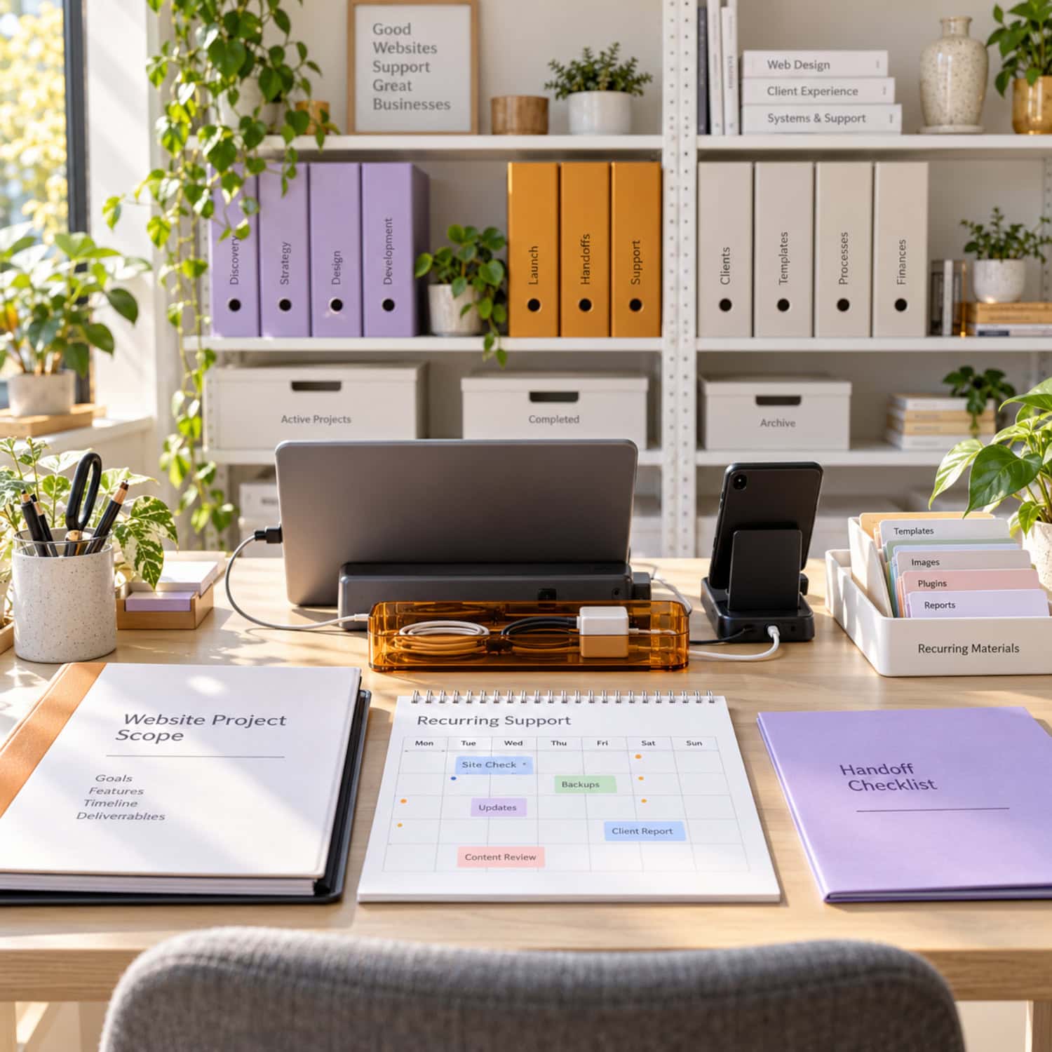 Web design business scaling system with scope binder, handoff checklist, recurring calendar, and QA device.