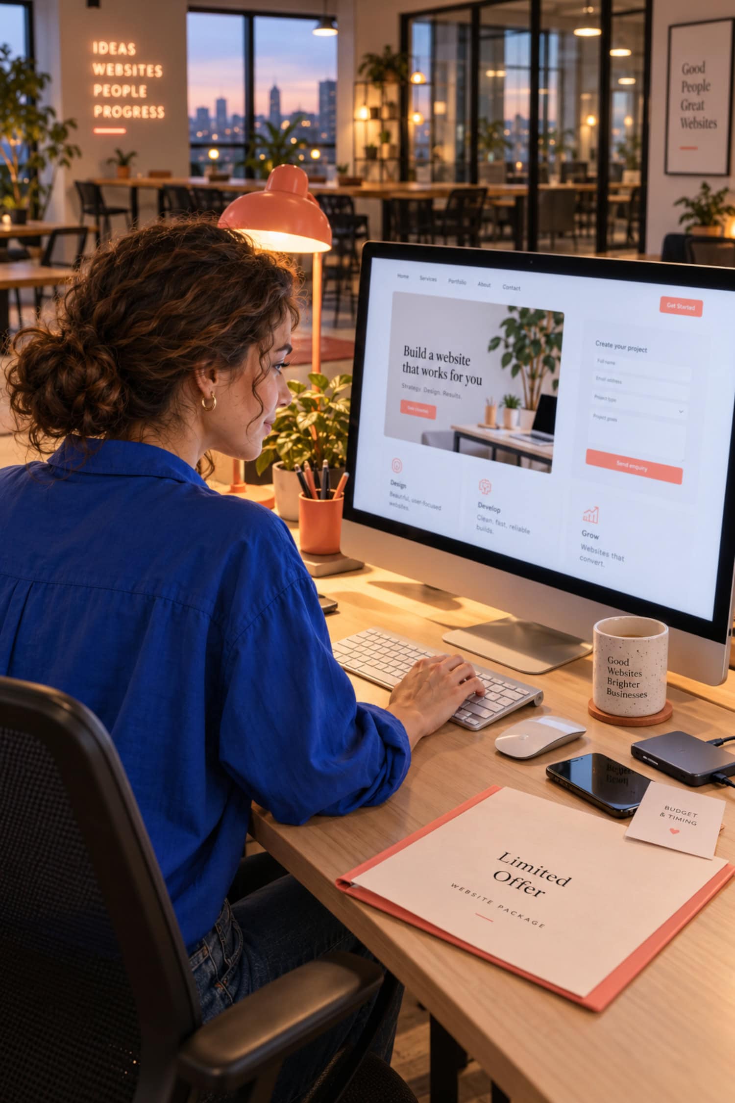 Web design business owner runs a final functionality test beside a limited-offer folder and qualified timing notes.