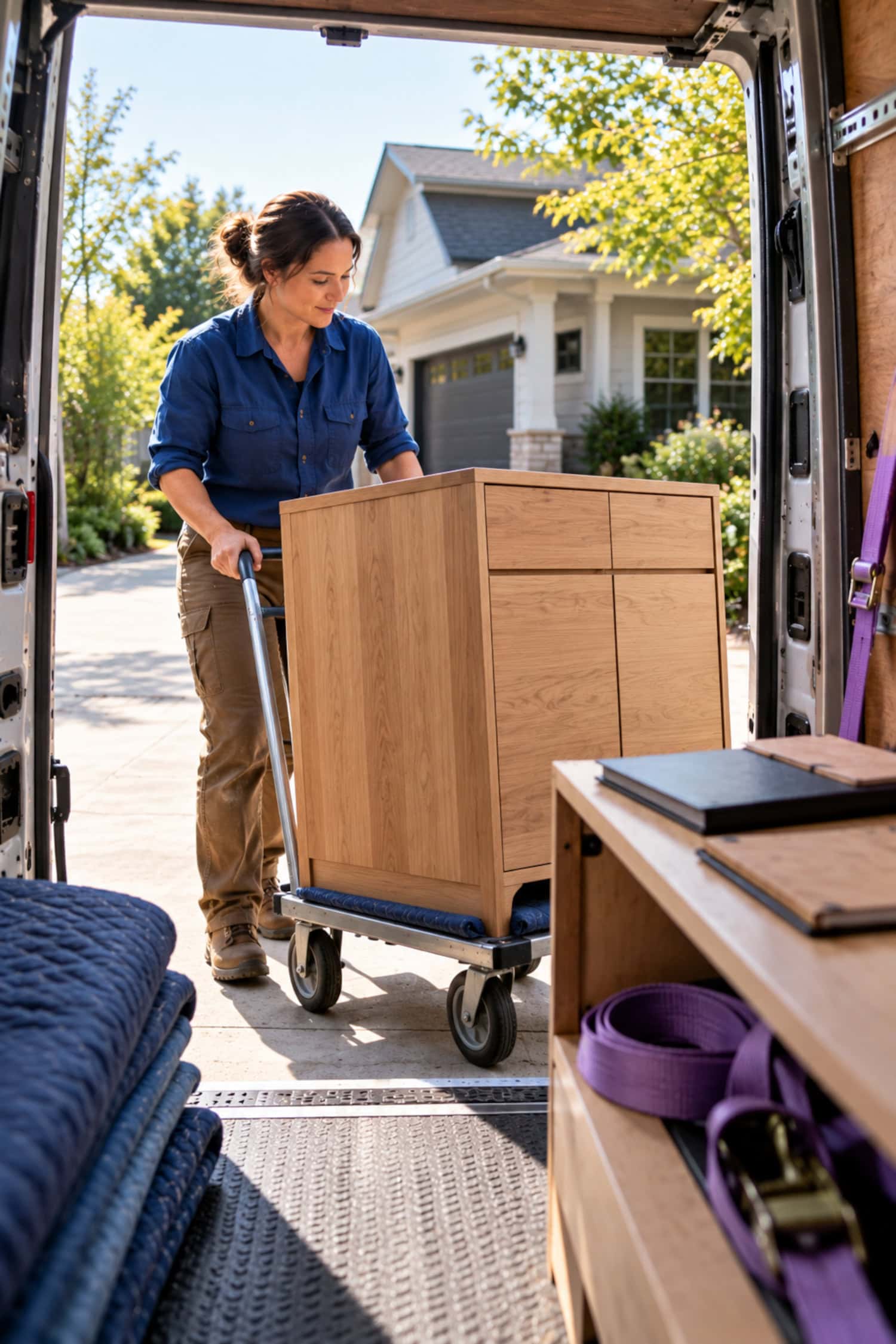 How to Start a Woodworking Business Without Working for Free 12 Woodworking business owner carries finished work to a delivery van beside closed invoice and shop-hours records.