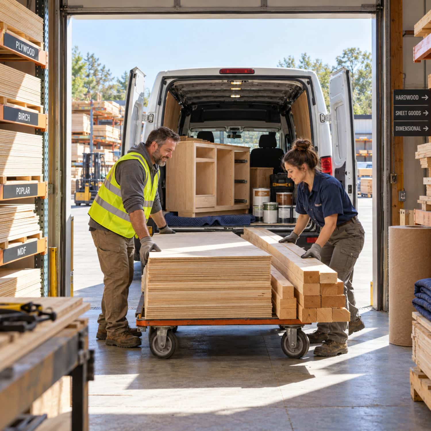 How to Start a Woodworking Business Without Working for Free 11 Woodworking business owner and lumber supplier load sheet goods and finishes for one active job at a pickup bay.