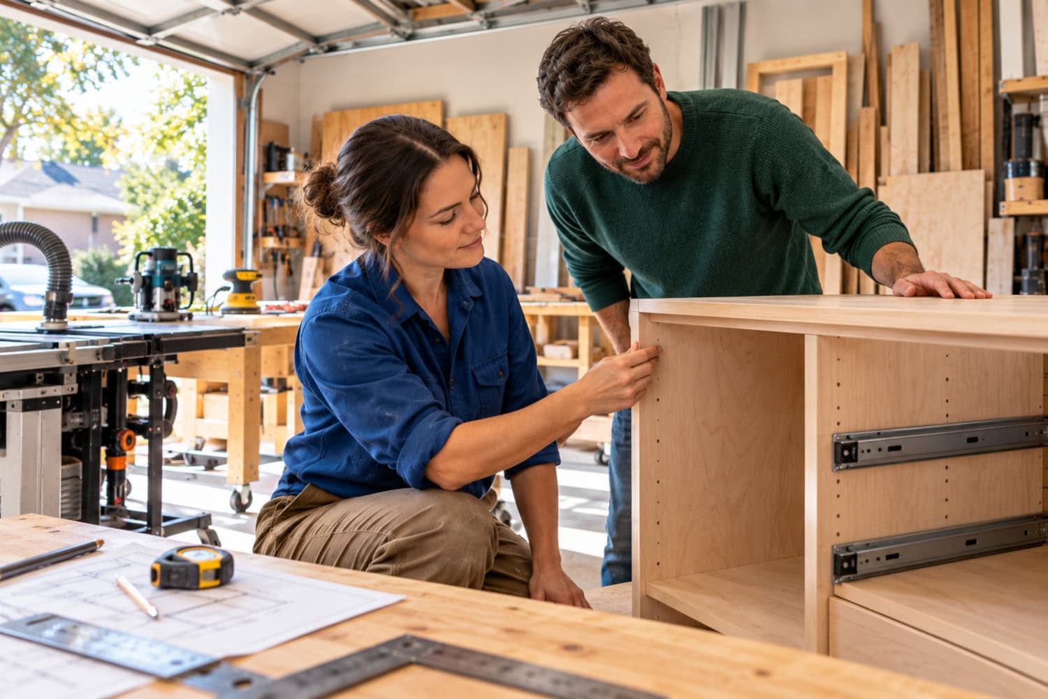 How to Start a Woodworking Business Without Working for Free 10 Woodworking business owner and client inspect a cabinetry prototype in a lean garage workspace with job-sized lumber.
